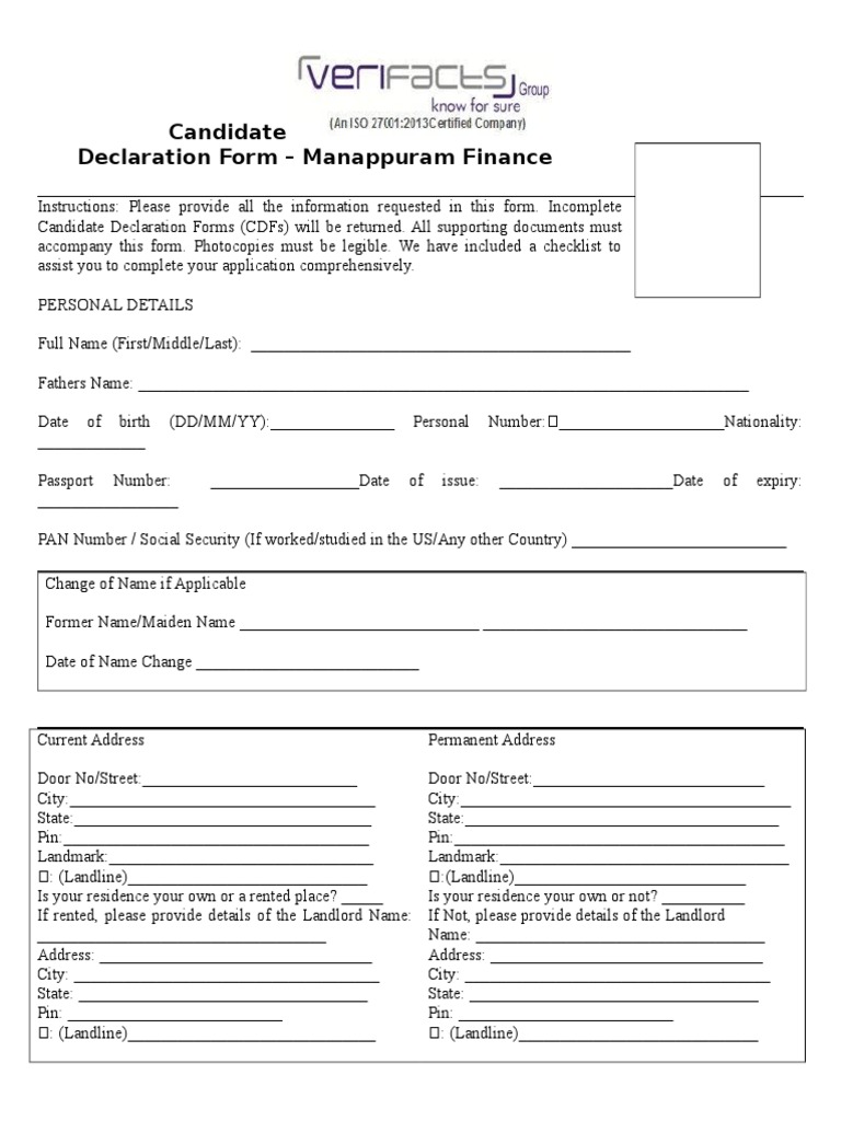 Candidate Declaration Form (CDF) For Manappuram Finance Ltd Download