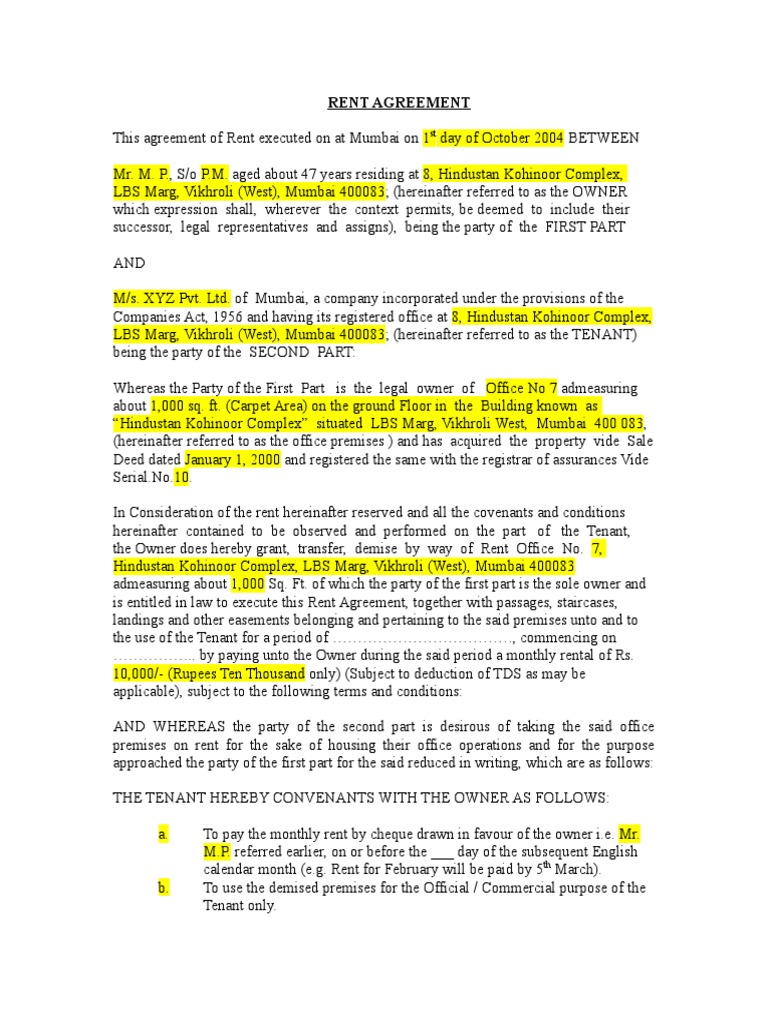 Rent - Lease Agreement - Format 1 | PDF | Leasehold Estate | Lease