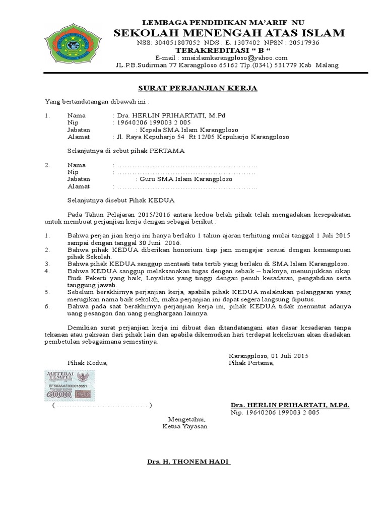 Surat Perjanjian Mengajar