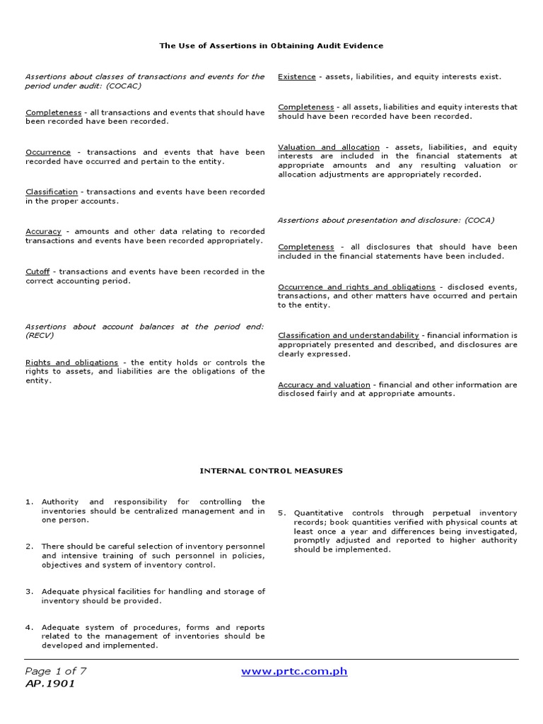 Obtaining Audit Evidence Through Assertions Evaluating Internal