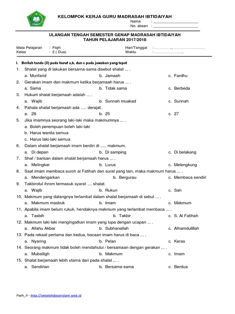 Soal Kls 2 Semester 2 Mi Th 2018 K13 Fikih