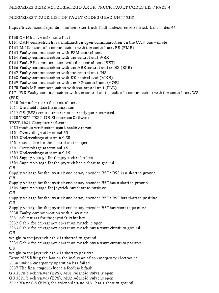 Mercedes Truck Fault Codes Overview | PDF | Sensor | Anti Lock Braking ...