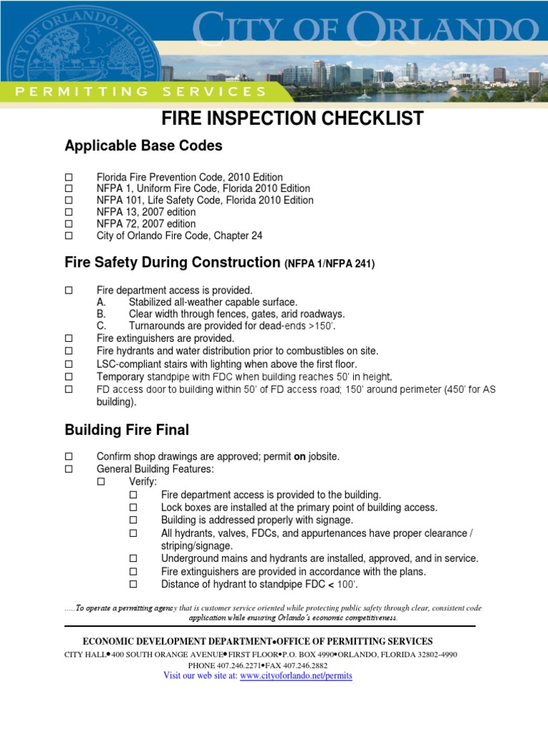 Fire Inspection Checklist Fire Sprinkler System Pump