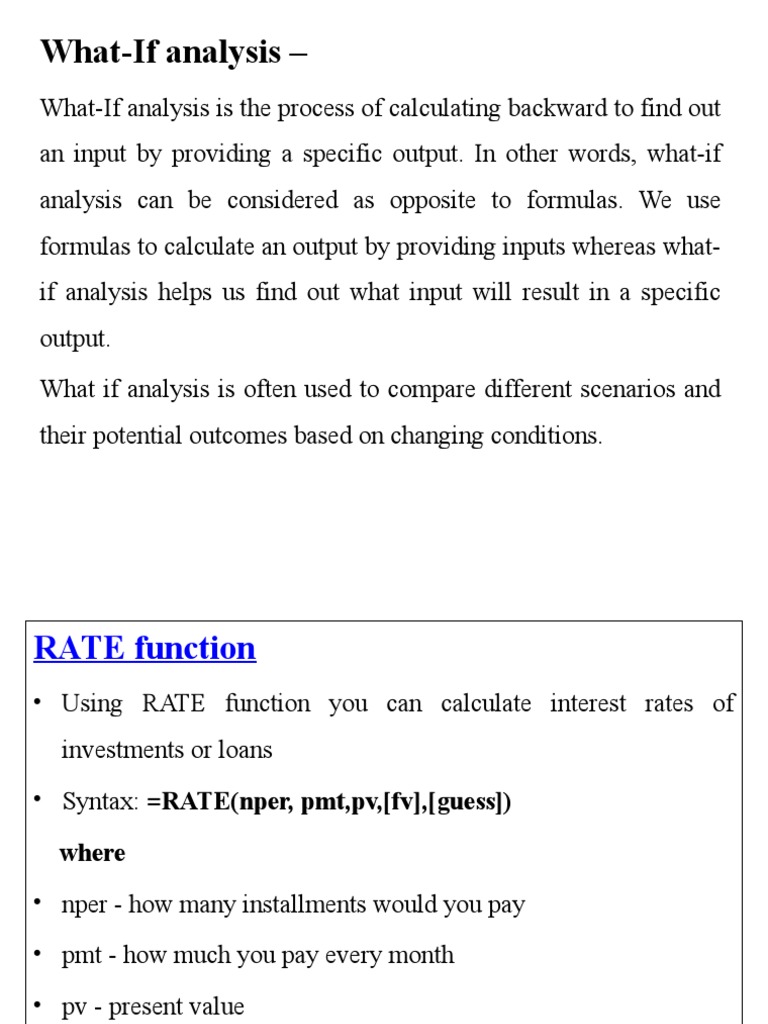 What-If Analysis and RATE Function Guide | PDF | Applied Mathematics ...