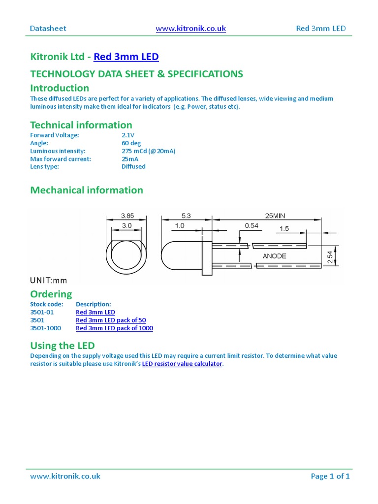 Red 3mm LED Datasheet and Specs | PDF