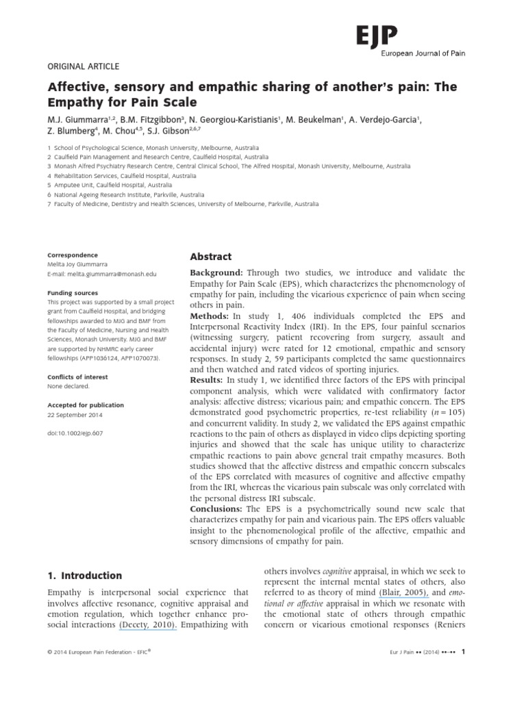 Affective, Sensory and Empathic Sharing of Another's Pain - The Empathy ...