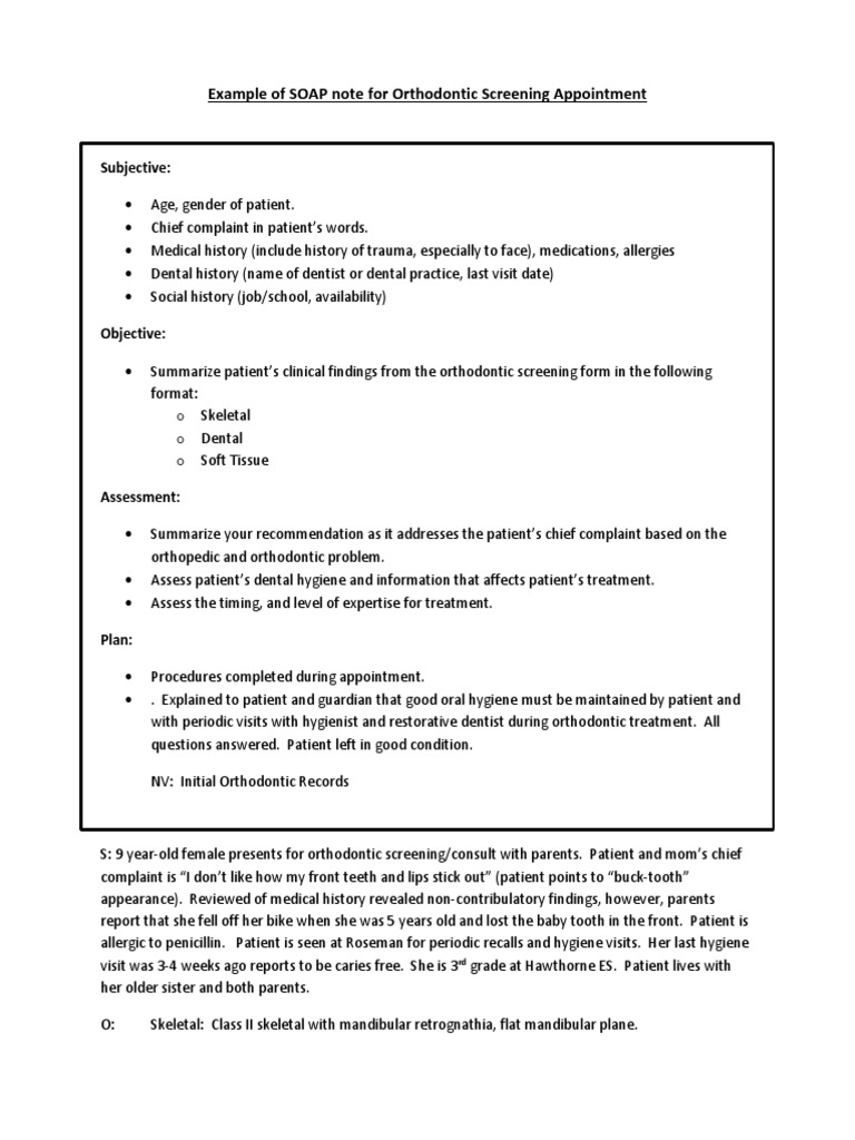 Example of SOAP Notes For Orthodontic Screening  PDF Inside Dental Treatment Notes Template