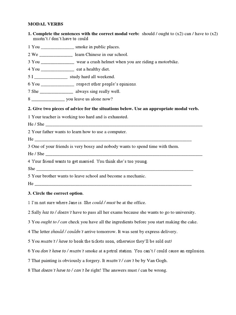 Varied Modal Verbs Exercises Pdf