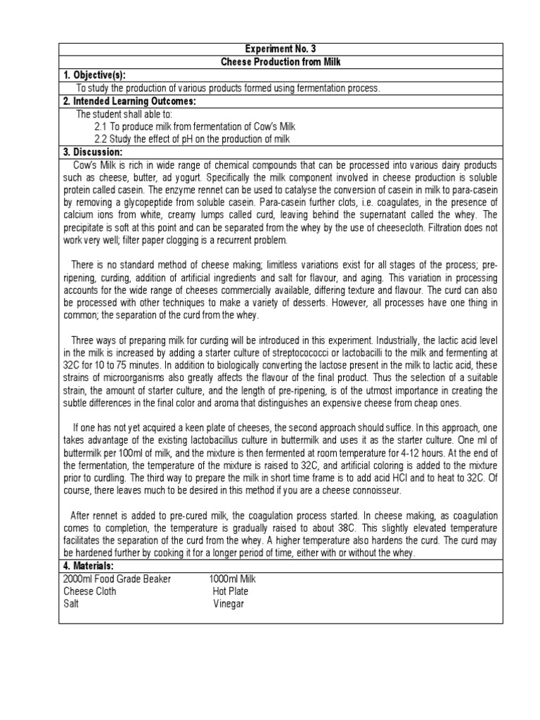 Experiment No. 3 Cheese Making PDF Cheesemaking Cheese