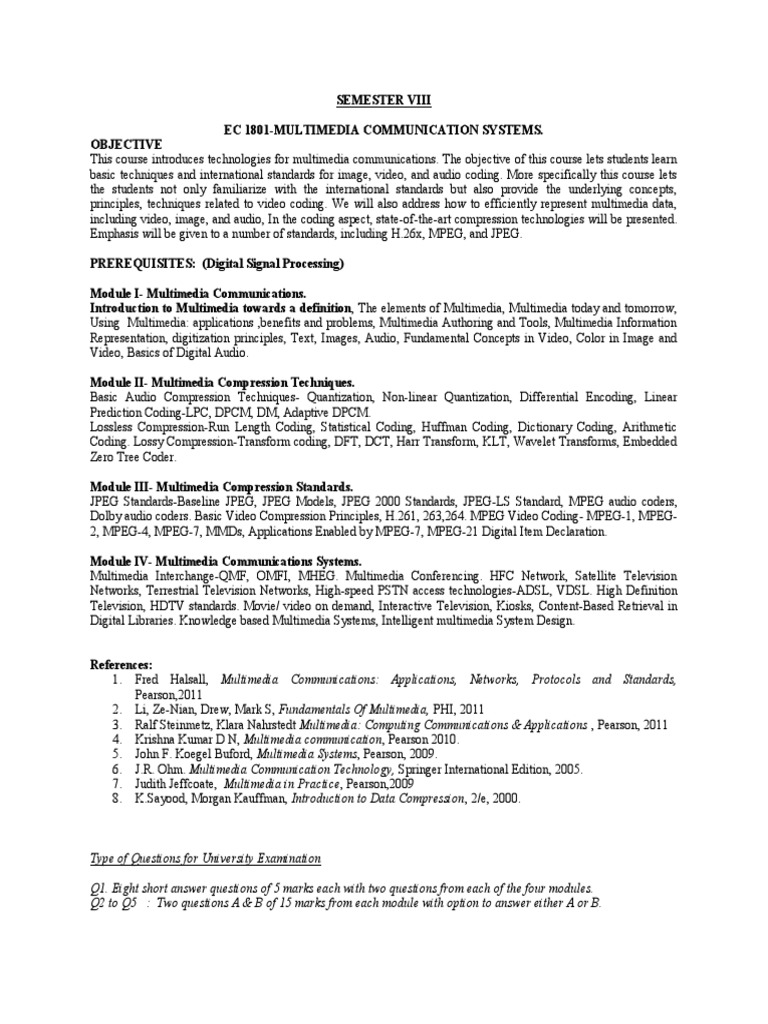 Cusat Btech Ece S8 Syllabus PDF Data Compression Communications