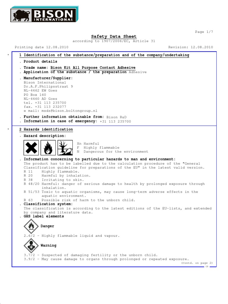 Bison Kit MSDS Toxicity Dangerous Goods