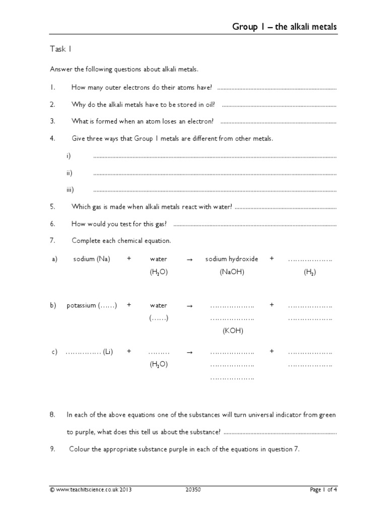 Task 1: Group 1 - The Alkali Metals | PDF | Sets Of Chemical Elements ...