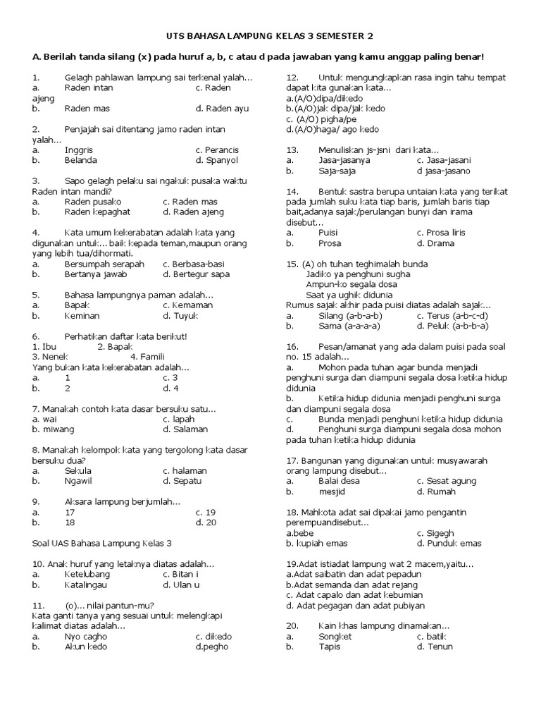 Uts Bahasa Lampung Kelas 3 Semester 2