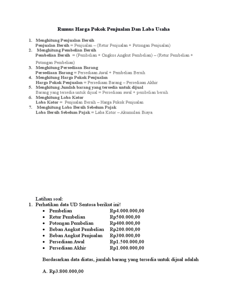 Rumus Harga Pokok Penjualan Dan Laba