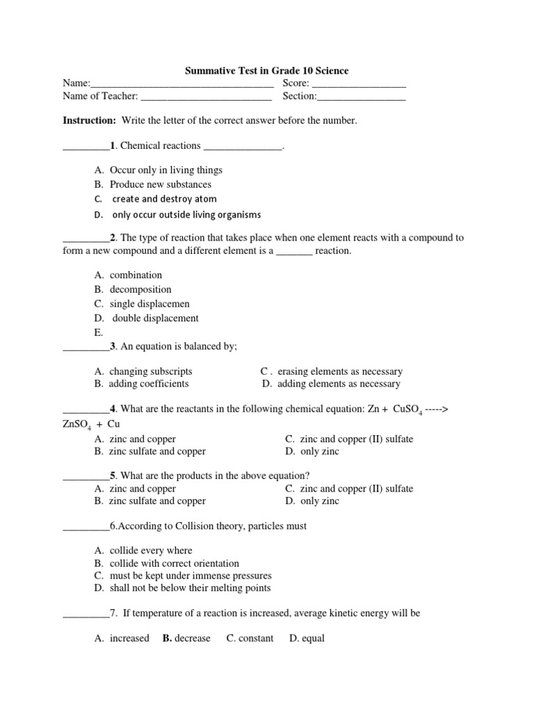 Grade 10 Science Summative Test | PDF | Chemical Reactions | Chlorine