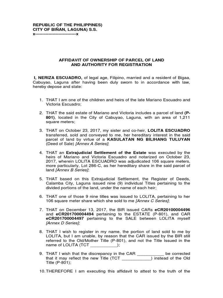 Affidavit of Ownership of Parcel of Land and Authority to Register