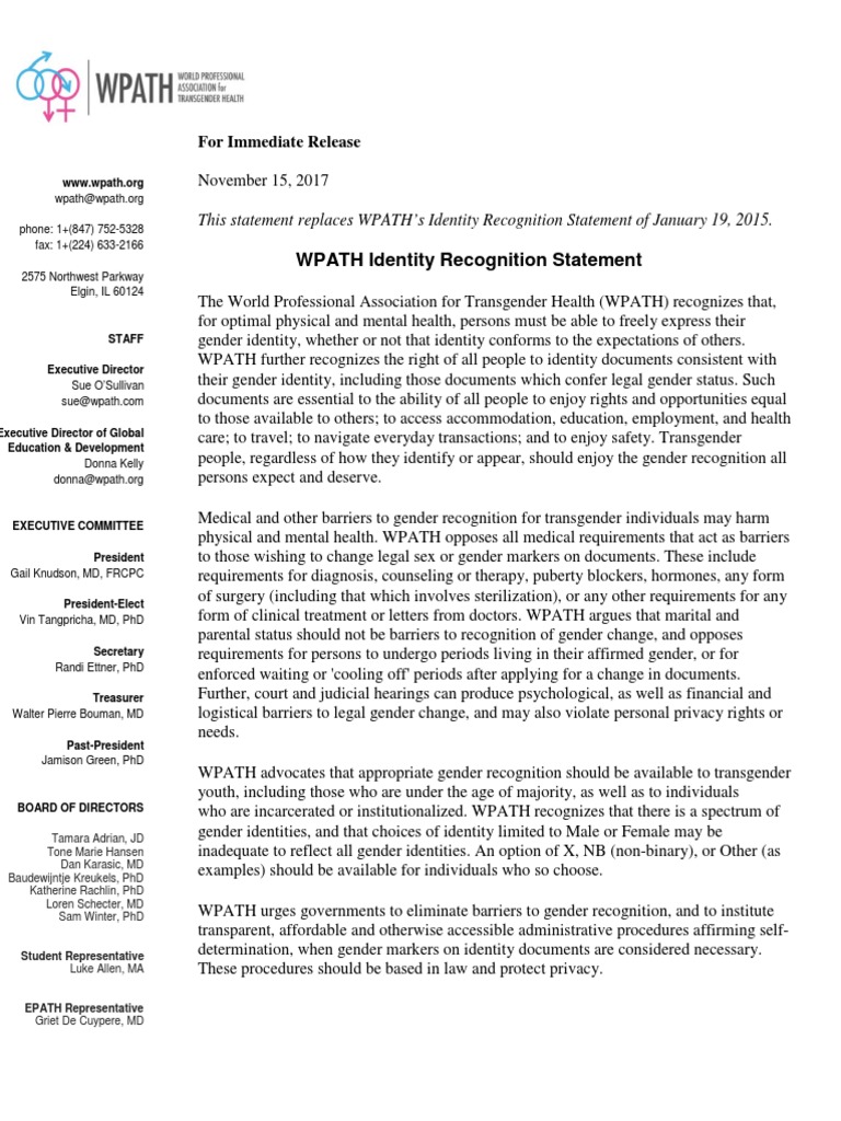 Wpath Identity Recognition Statement 11-15-17 | PDF | Transgender ...