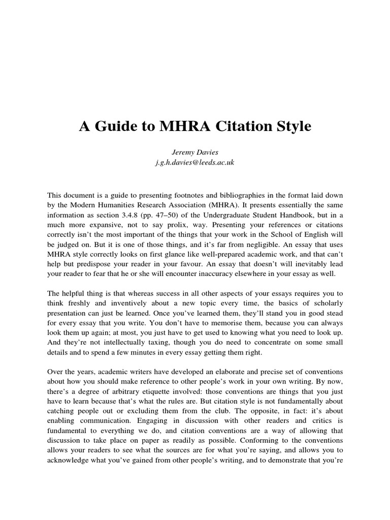 Jeremy Davies, Guide to MHRA Style Citation Bracket