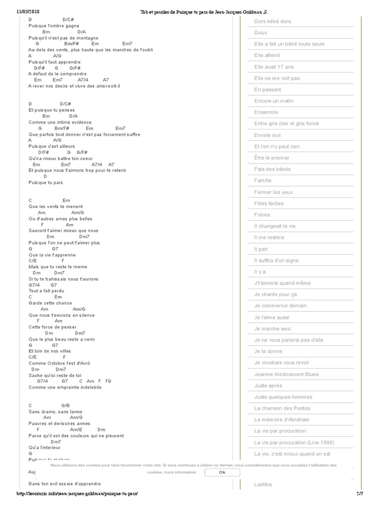 Parole Tu Es De Ma Famille Jean Jacques Goldman Puisque Tu Pars de Jean-Jacques Goldman | PDF | Loisirs | Informatique et  technologies de l'information