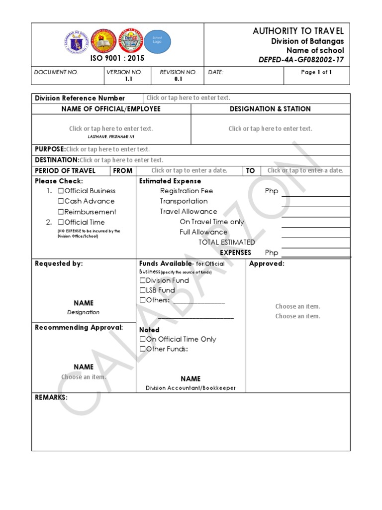 Travel Authority Form Download Free PDF Expense Business