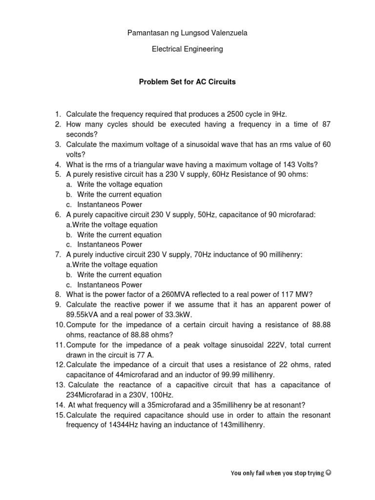 Problem Set AC Circuits | PDF | Ac Power | Electrical Impedance