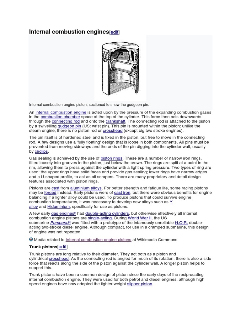 Internal Combustion Engines Internal Combustion Engine Piston, Sectioned To Show The Gudgeon