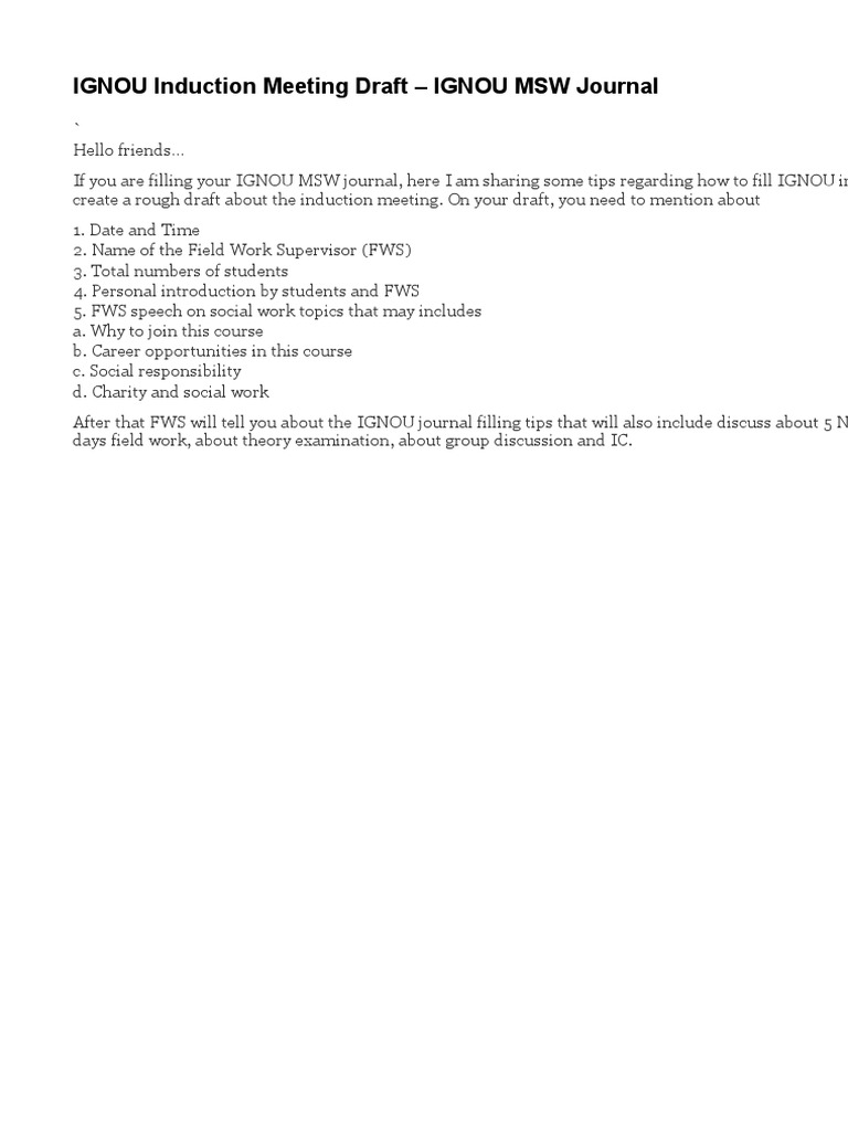 Induction Meeting Guide for IGNOU MSW | PDF | Social Work | Behavioural ...