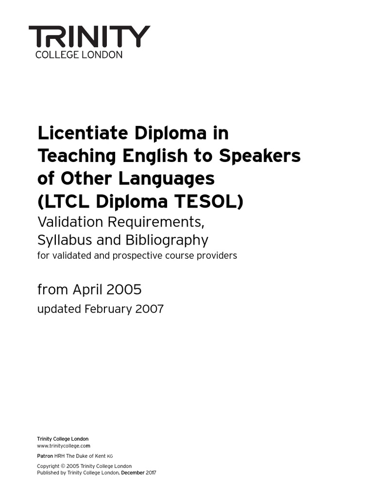 TESOL LTCL Diploma 2017 Validation Requirements, Syllabus and