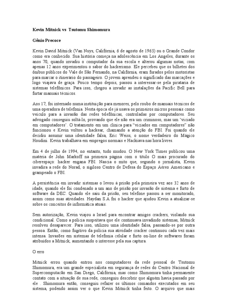 Kevin Mitnick Vs Tsutomu Shimomura  PDF  Era da Informação  Informática
