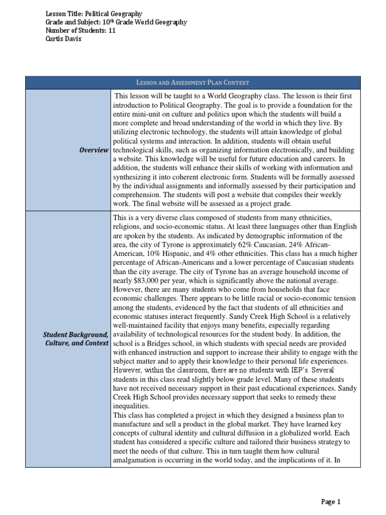 Political Geography Week 1 Lesson Plan Scribd Educational Assessment Reading Comprehension
