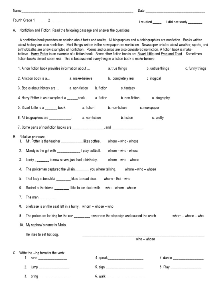 Fourth Grade Test Final | PDF | Non Fiction | Pillow