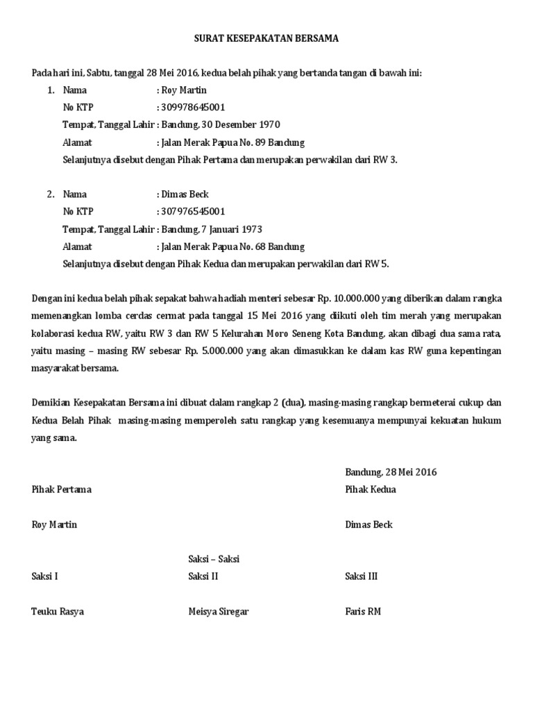 Contoh Surat Pernyataan Bersama Contoh Surat