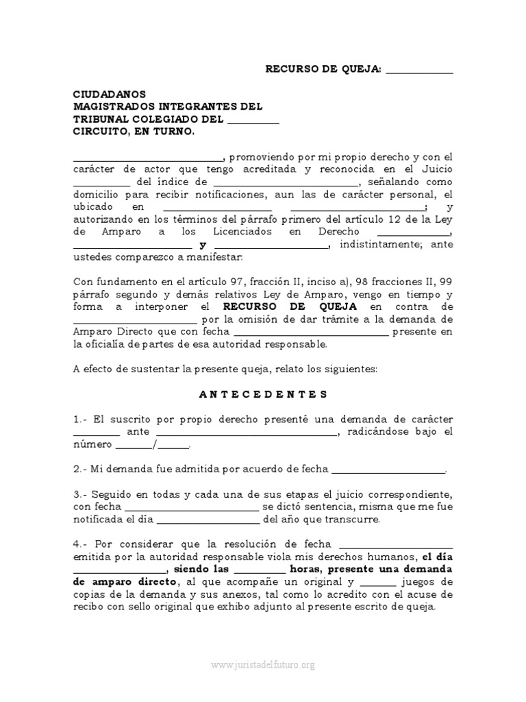 Recurso de Queja en Amparo Directo | PDF | Derecho Constitucional ...