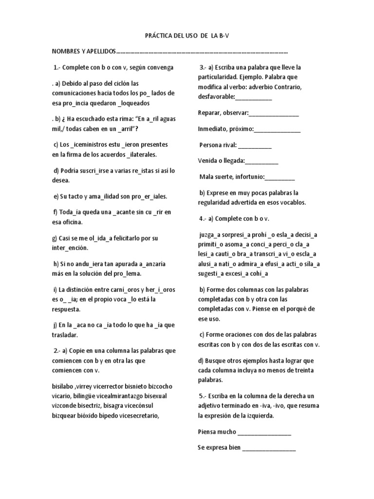 Ejercicios de Uso de la B y V | PDF | Sintaxis | Idiomas