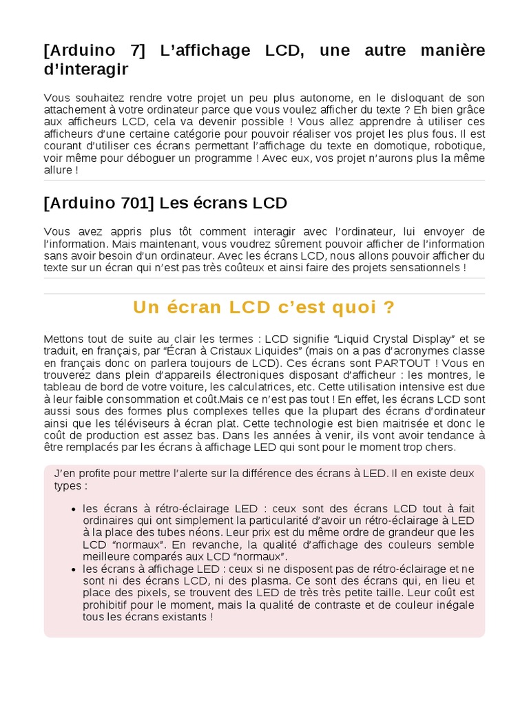 Utiliser un écran LCD avec Arduino | PDF | Écran à cristaux liquides ...