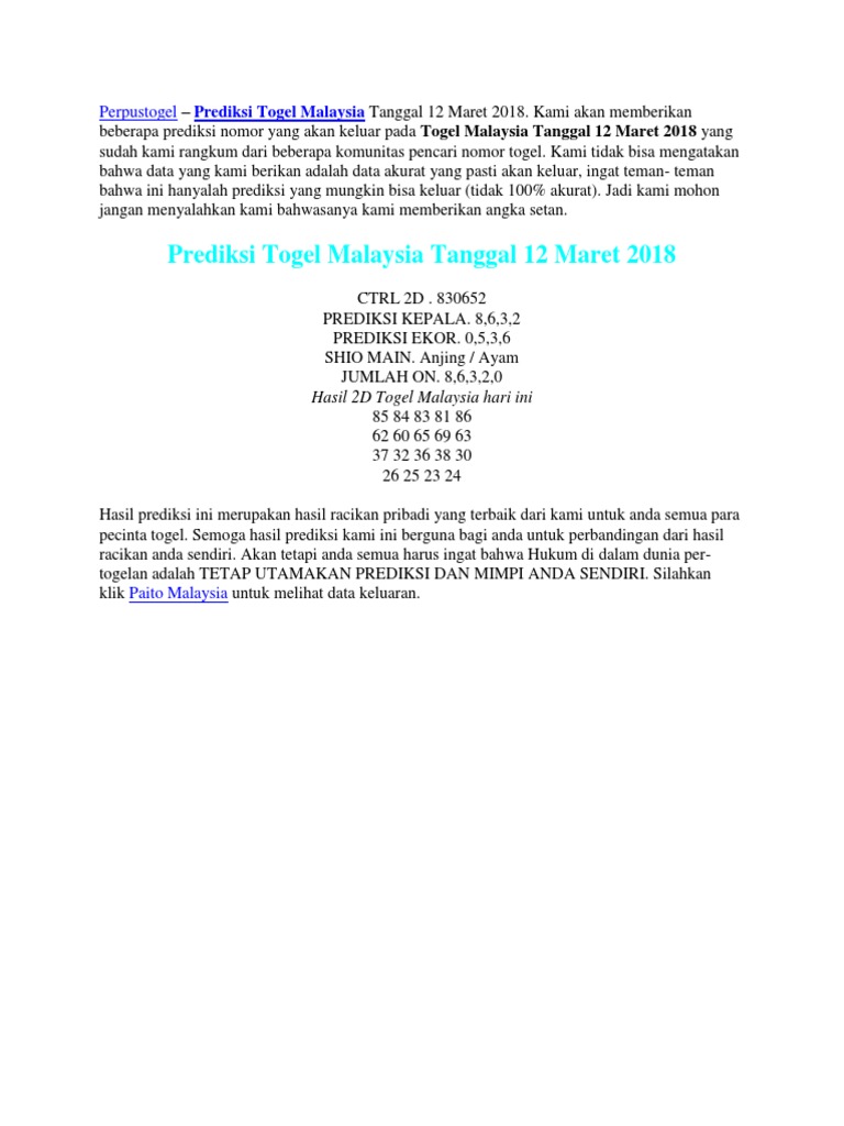 Prediksi Togel Malaysia Tanggal 12 Maret 2018 Perpustogel
