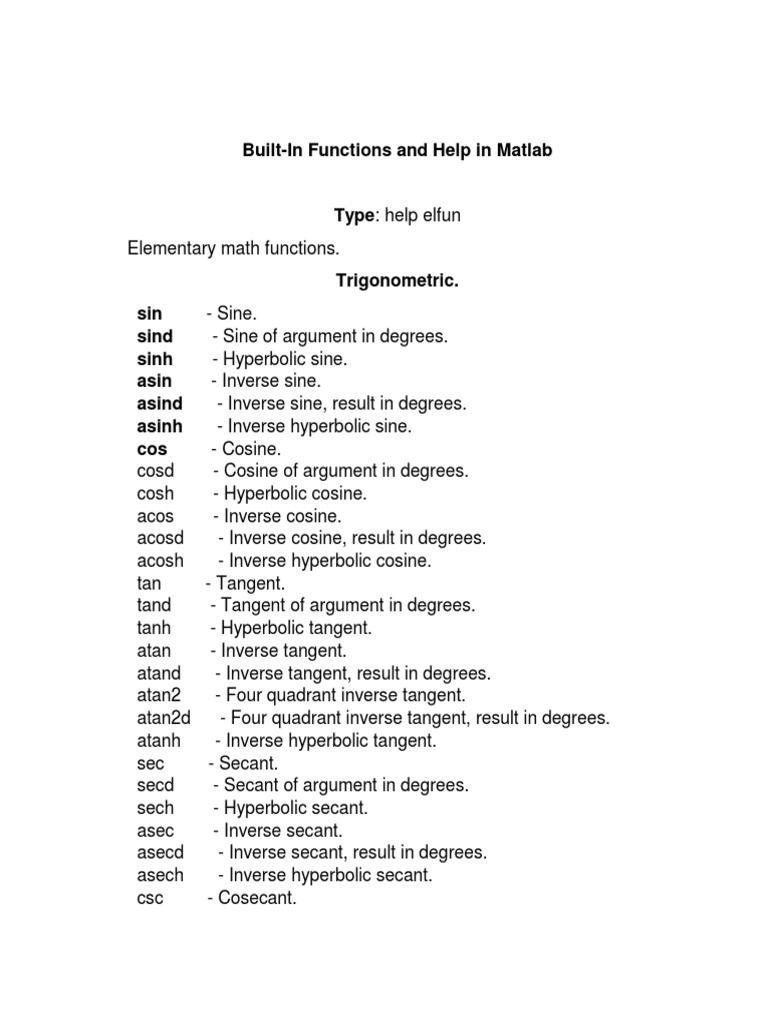Builtin Matlab Functions | PDF | Trigonometric Functions | Geometry