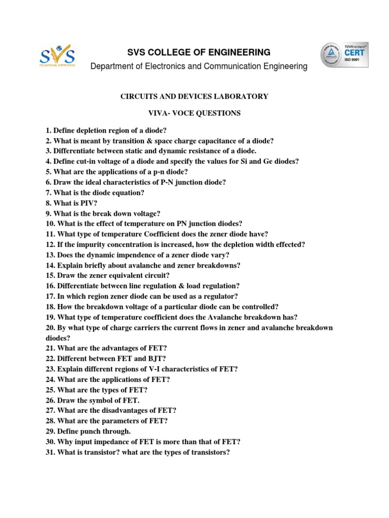 SVS College Circuits & Devices Lab Viva Questions PDF Transistor