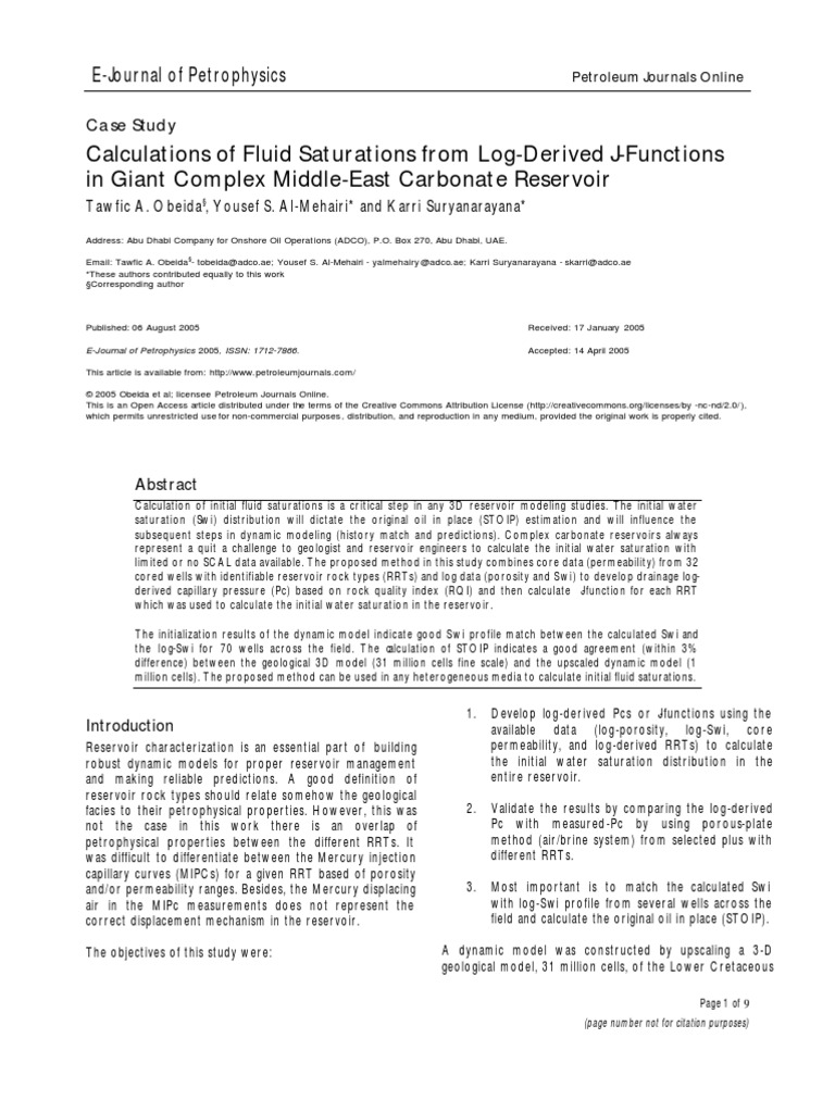 Calculations of Fluid Saturations From Log-Derived J-Functions | PDF ...