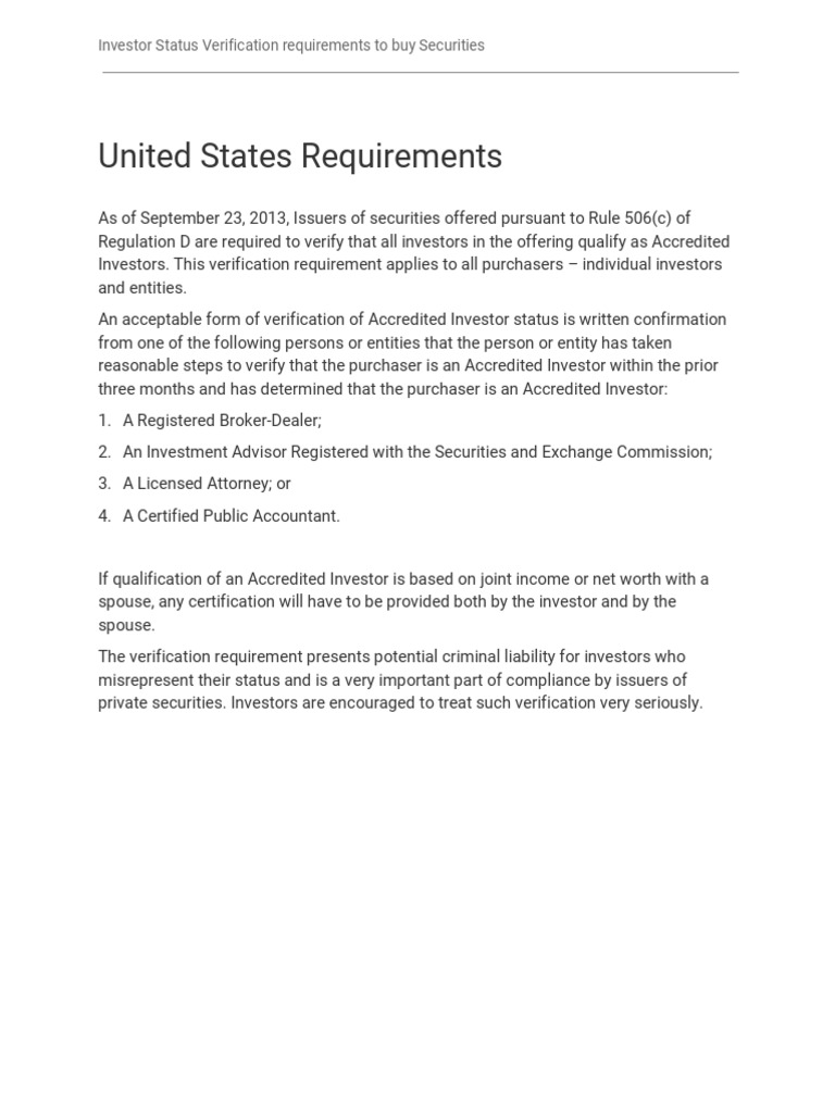 Verification of Accredited Investor Status Required for Purchases of