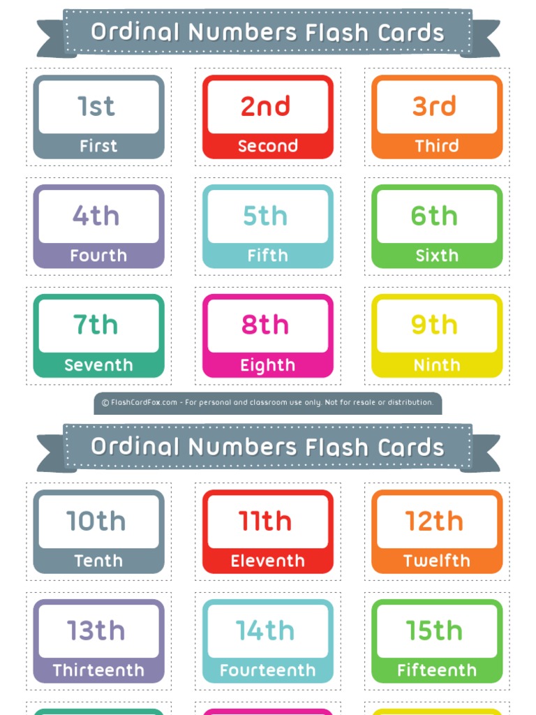 ordinal numbers flash cards 2x3 pdf