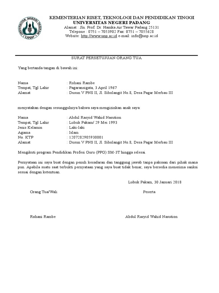 Contoh Surat Pernyataan Lptk Unp 2017
