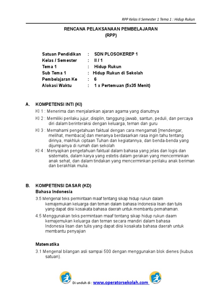 Rpp Kelas Ii Semester 1 Tema 1 Hidup Rukun