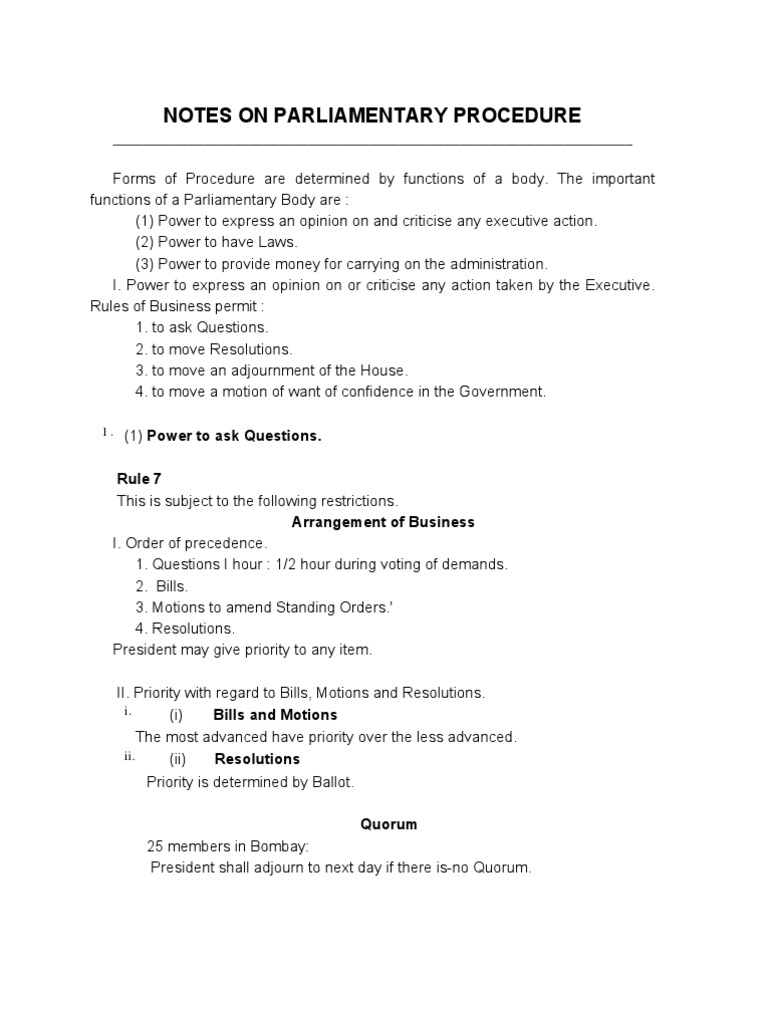 Notes On Parliamentary Procedure | PDF | Parliamentary Procedure | Bill ...