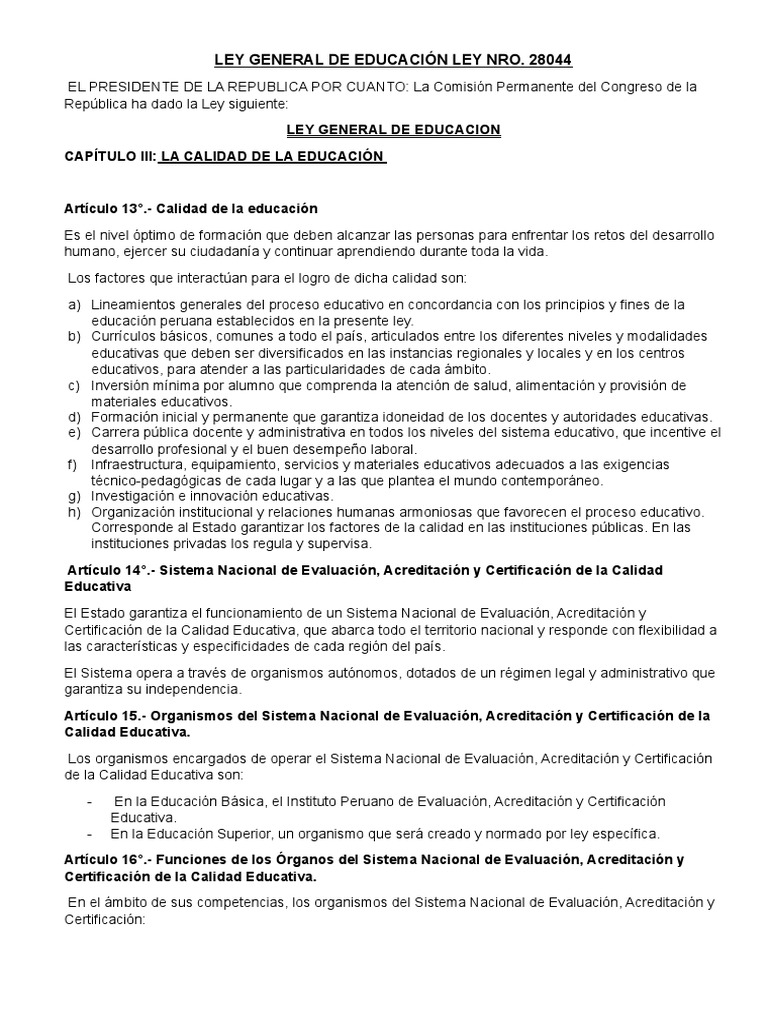 Ley General de Educación Ley 28044 - Calidad | PDF | Evaluación ...