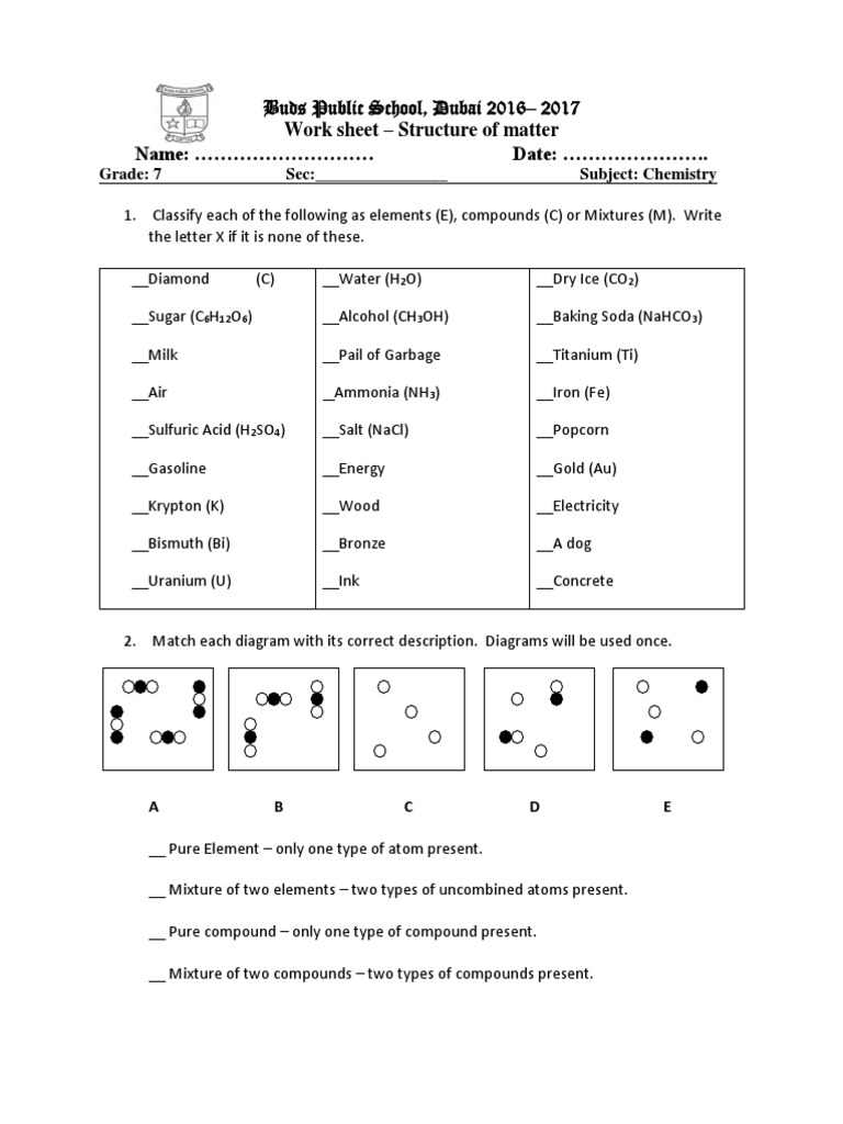 Elements Compounds And Mixtures Worksheet Ks3