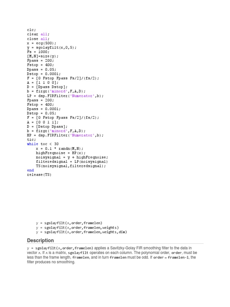 Savitzky-Golay Filter in MATLAB | PDF