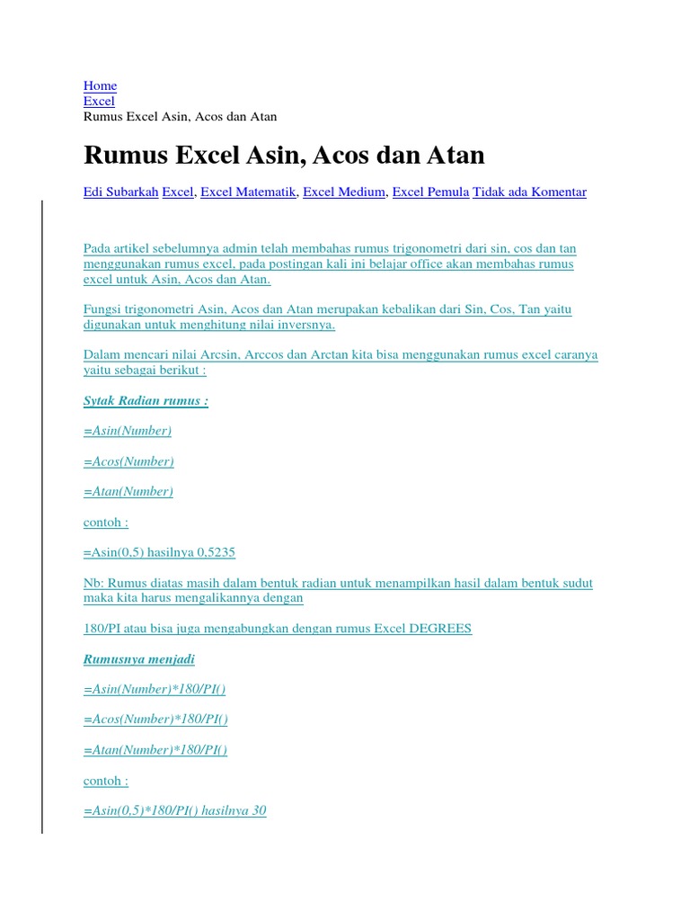 Cara Mencari Arcus Tangen Di Excel
