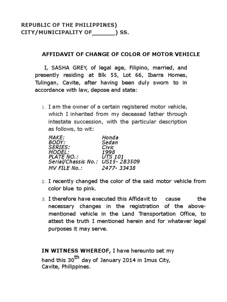 Affidavit of Change of Color of Motor Vehicle