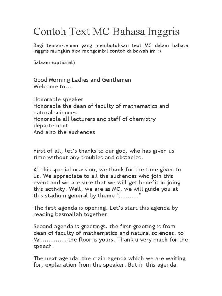 Contoh Text Mc Bahasa Inggris